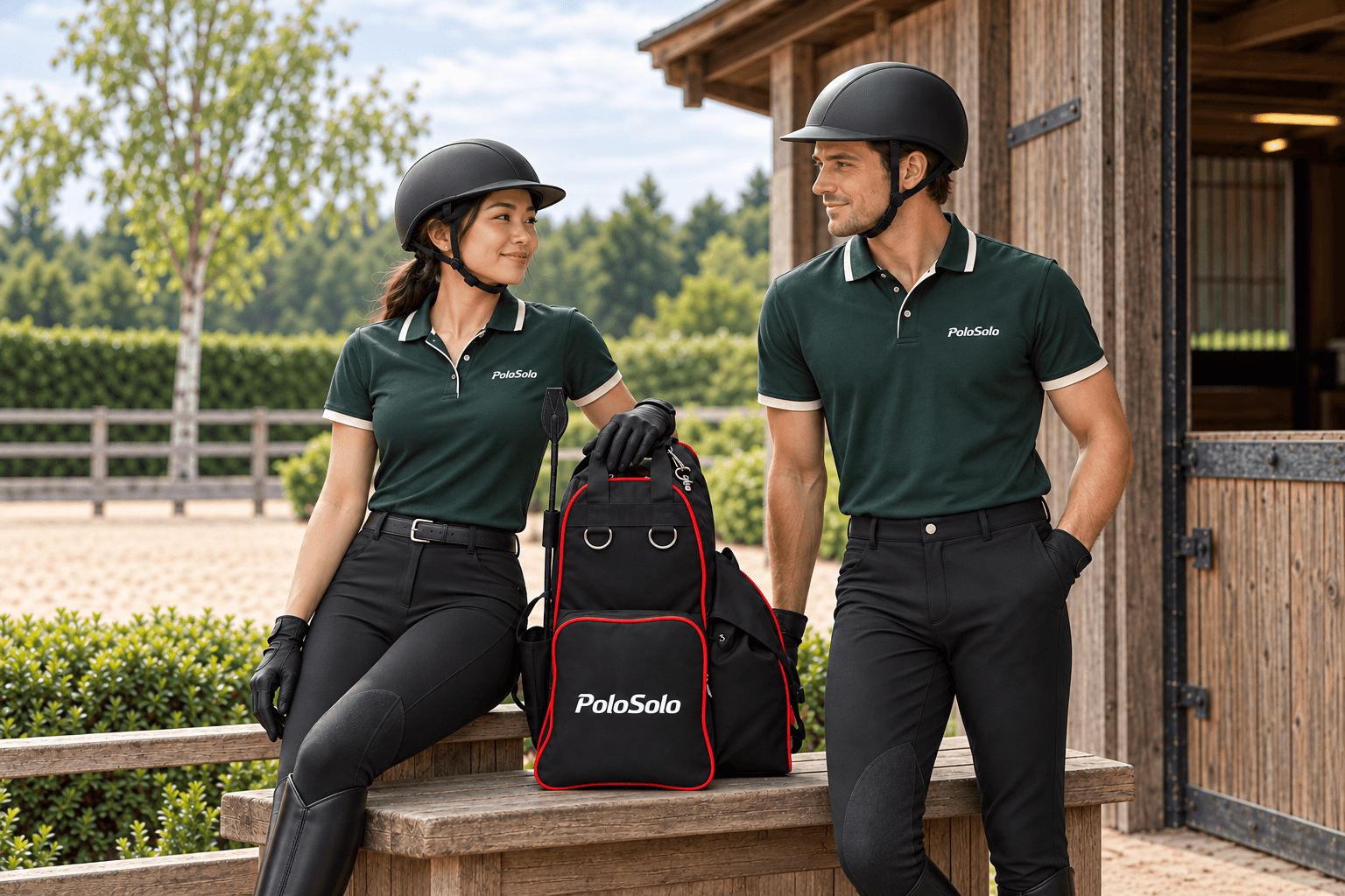 Two adult riders with a black and red PoloSolo equipment bag at a stable, digitally visualised