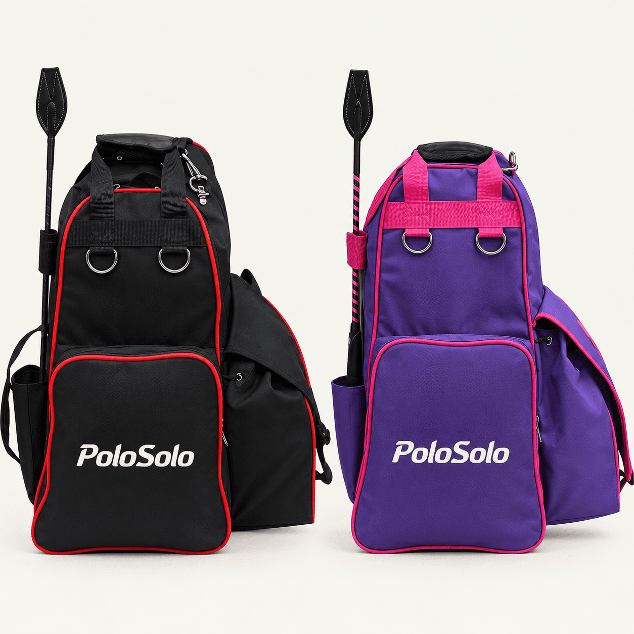 PoloSolo boot and helmet equipment bag references in black-red and purple-pink, digitally visualised