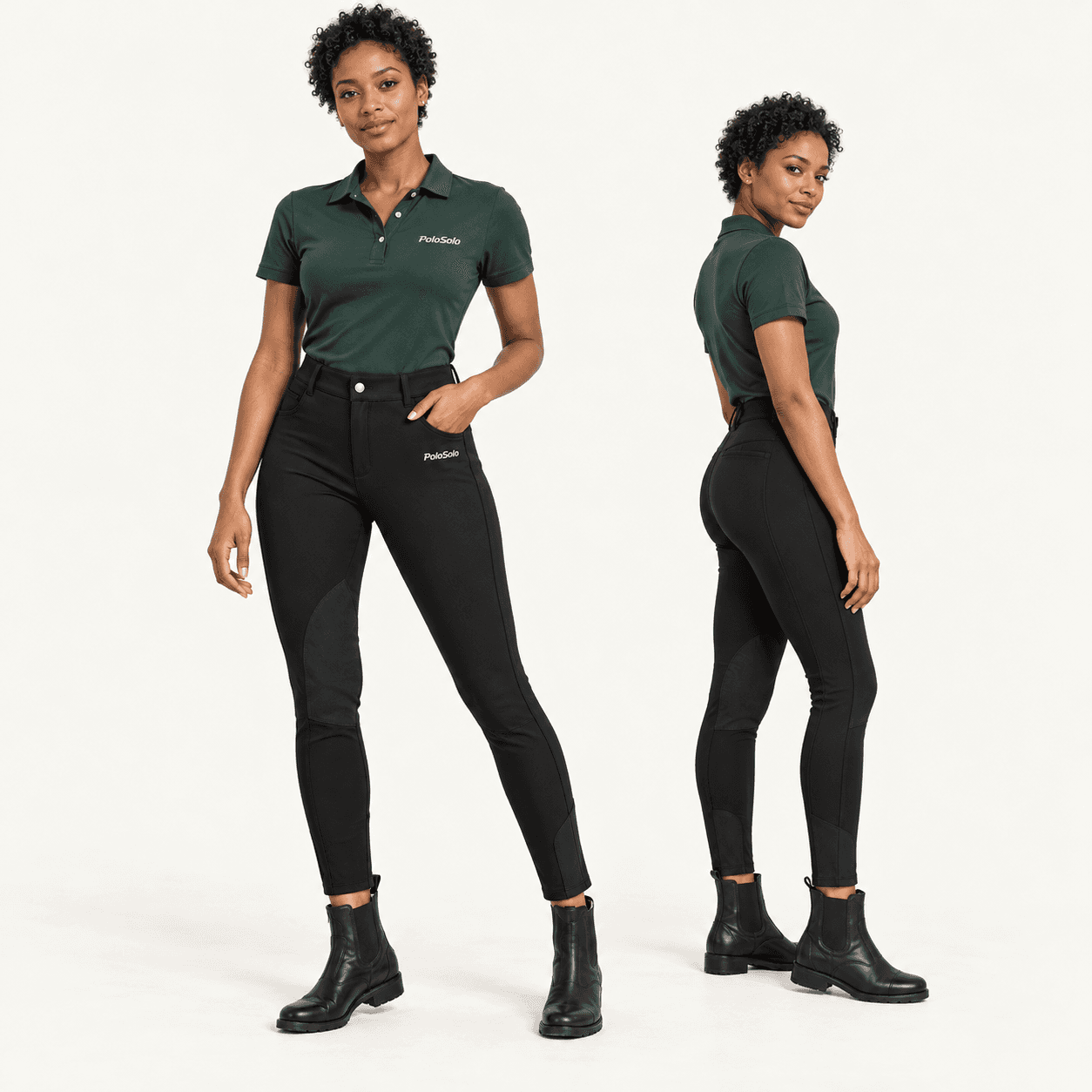 An adult model wearing black PoloSolo riding breeches in full-length front and side views